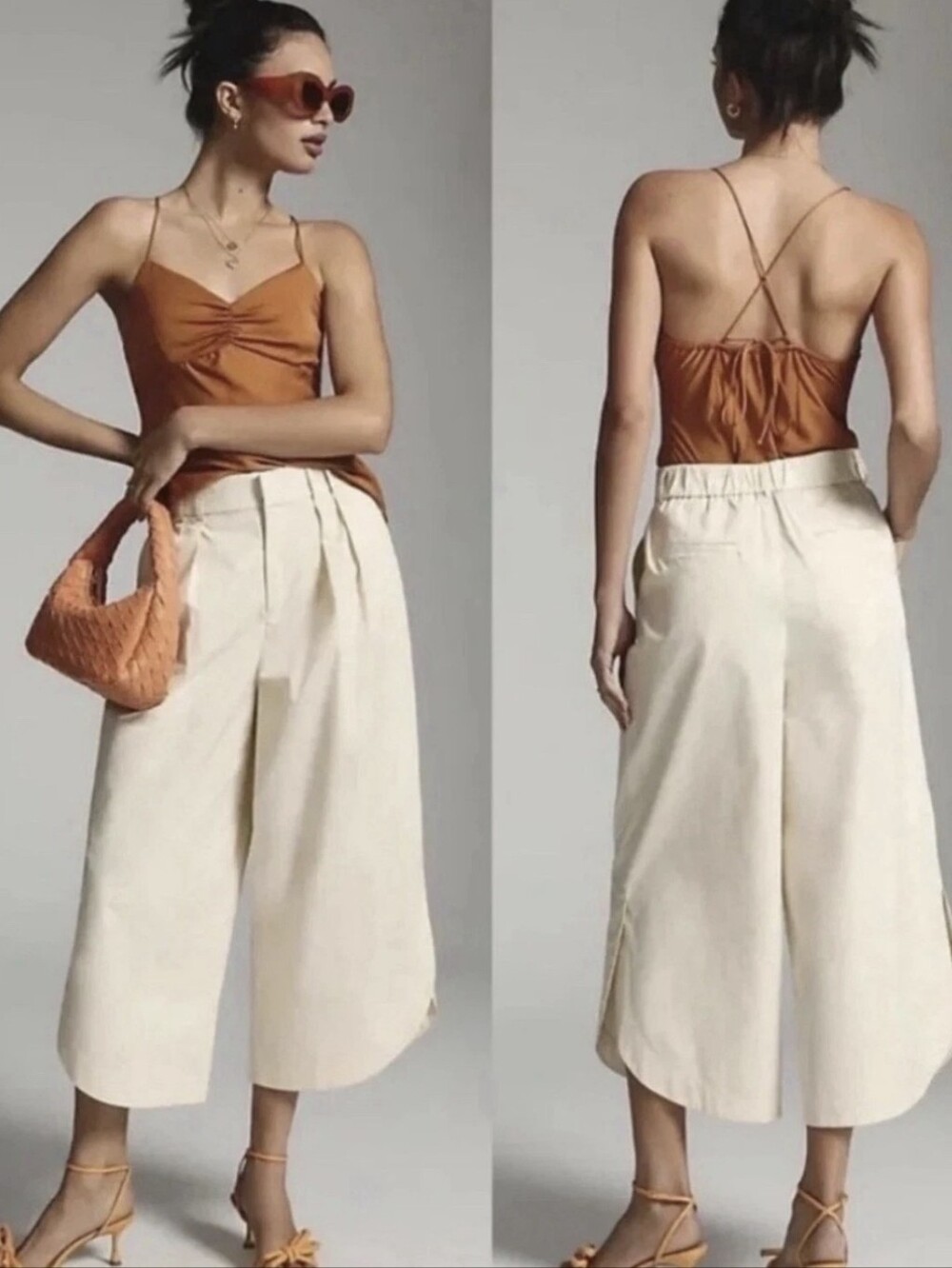Anthropologie X Mare Mare Curved-Hem Chino Pant Cream Pleated Cropped Size Large